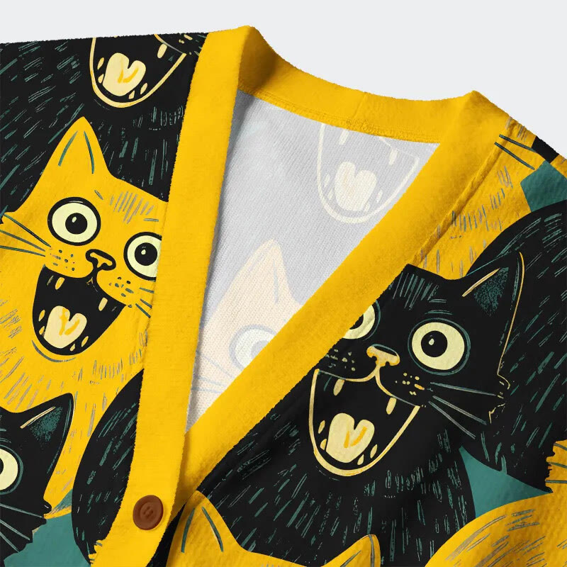 Yellow And Black Cat Surprised Expression Pattern Long-Sleeved Cardigan - image 3