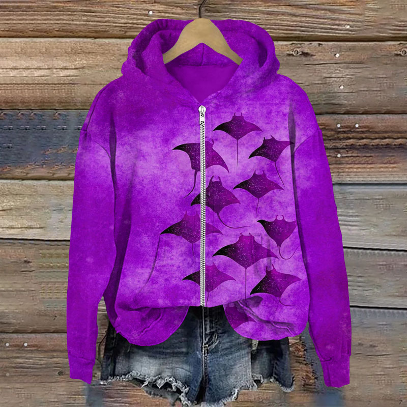 Vintage Manta Ray Art Print Long Sleeve Zipper Hoodie - Purple - US28-30(4XL) - image 4