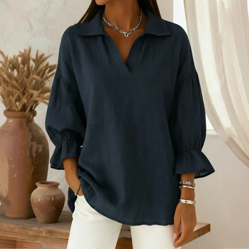 Elegant Solid Lapel 3/4 Lantern Sleeves Blouse - Navy Blue - 3XL - image 4