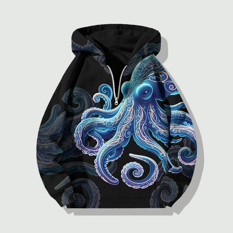 Unisex Vintage Wise Ocean Octopus Half Zip Hoodie - Black - US32-34(5XL) - image 3