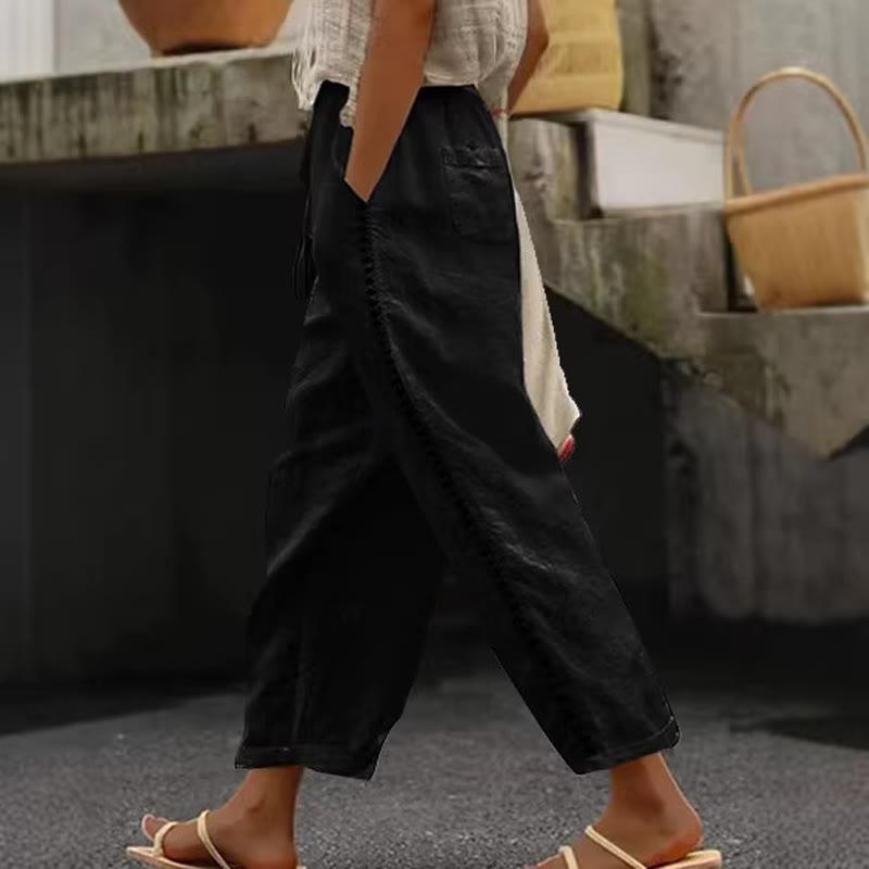 Solid Elastic Waist With Drawstring Side Cutout Lace Splicing Cropped Pants - Black - 4XL - image 3