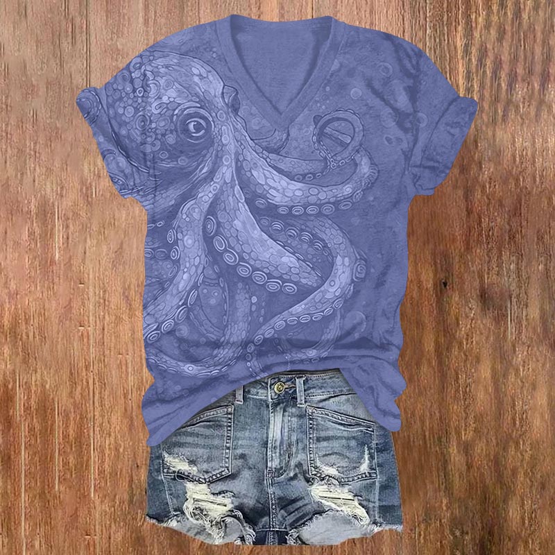 Retro Watercolor Octopus Art Print V-neck T-shirt - Light Purple - US32-34(5XL) - image 4