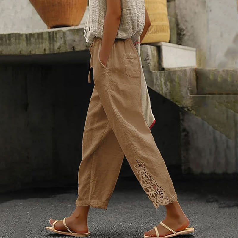 Elegant Solid Lace-trimmed Cuffs Pocket Loose-fitting Drawstrings Pants - Khaki - 2XL - image 8