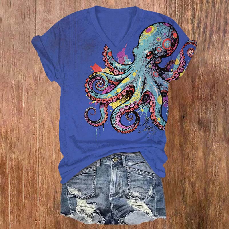 Colorful Geometric Octopus Art Print V-neck T-shirt - Blue - US32-34(5XL) - image 3
