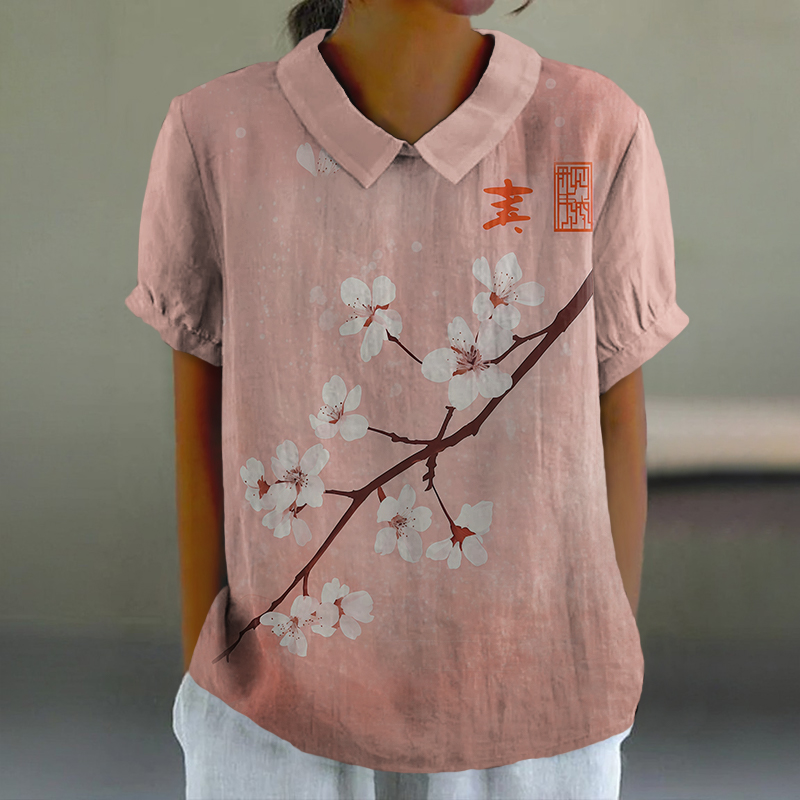 Japanese Lovely Pink Sakura Print Casual Lapel Loose Blouse - Pink - 6XL - image 1