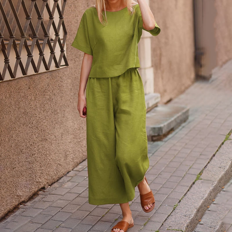 Cozy Solid Loose-fitting Half Sleeve Blouse&wide-leg Pants Set - Olive Green - 5XL - image 3
