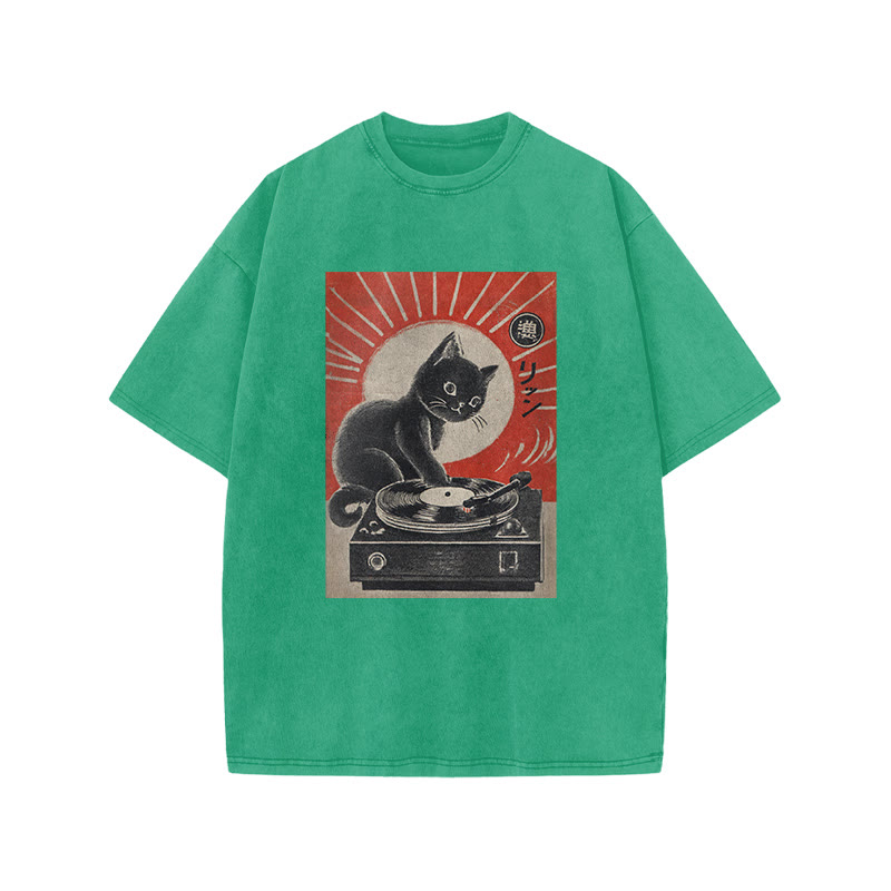 Japanese Black Cat Playing The Turntable Print Acid Washed T-shirt - Green - US20-22(3XL) - image 6