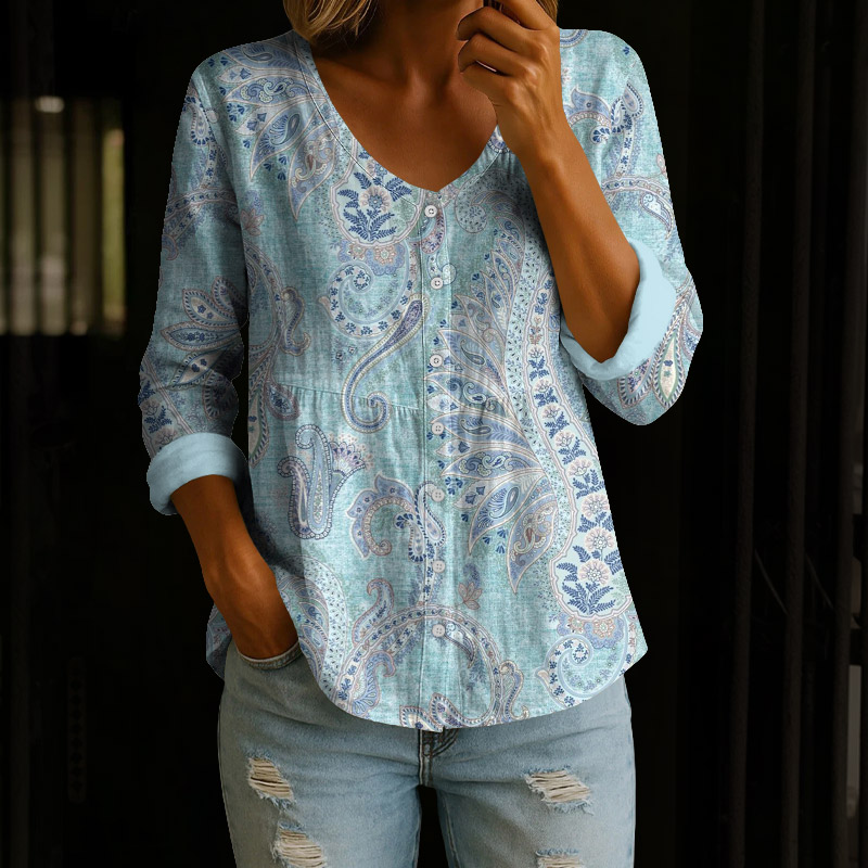 Retro Ethnic Floral Pattern Print Button V-neck A-line Long Sleeve Blouse - Sky Blue - 4XL - image 1