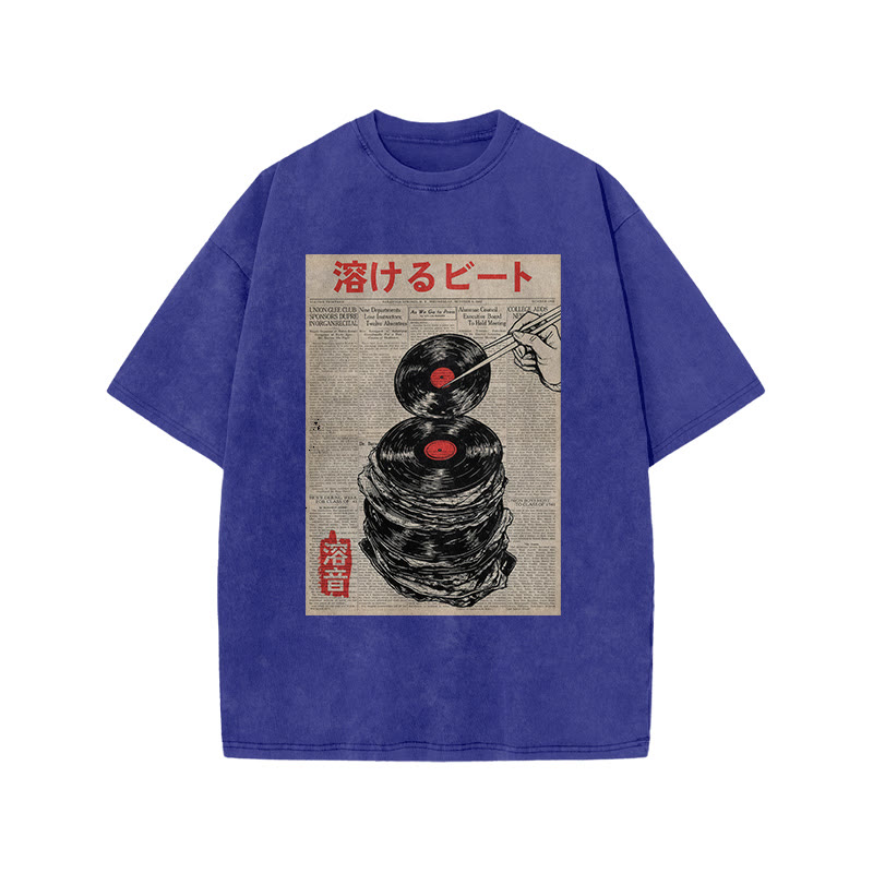 Japanese Retro Vinyl Records Pattern Print Acid Washed T-shirt - Blue - US20-22(3XL) - image 8