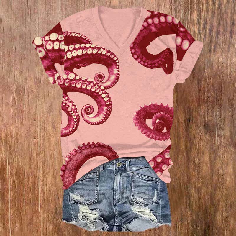 Creative Contrast Octopus Tentacles Art Print V-neck T-shirt - Pink - US32-34(5XL) - image 4
