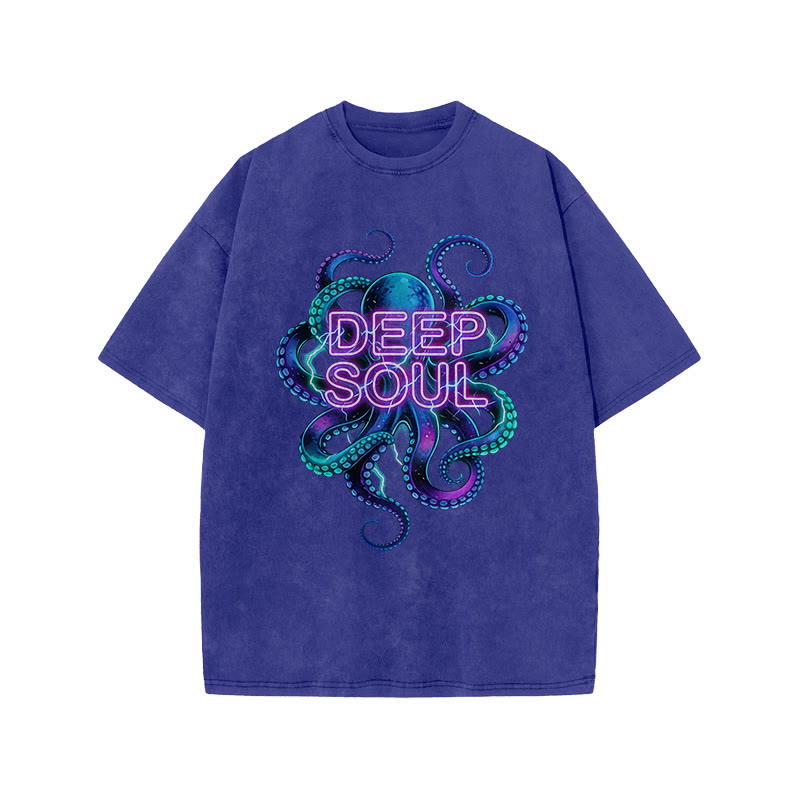 Deep Soul Colored Octopus Print Acid Washed T-shirt - Blue - US20-22(3XL) - image 9