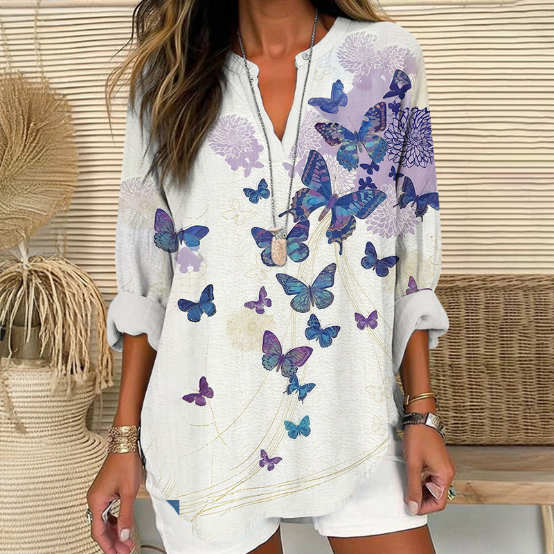 Creative Blue Butterfly Art Print V Neck Long Sleeve Blouse - White - 8XL - image 1