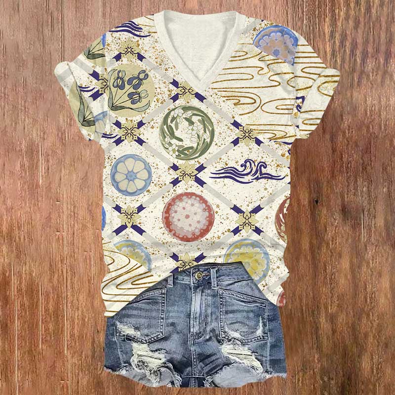 Traditional Geometric Floral Art Print V-neck T-shirt - Beige - US32-34(5XL) - image 4