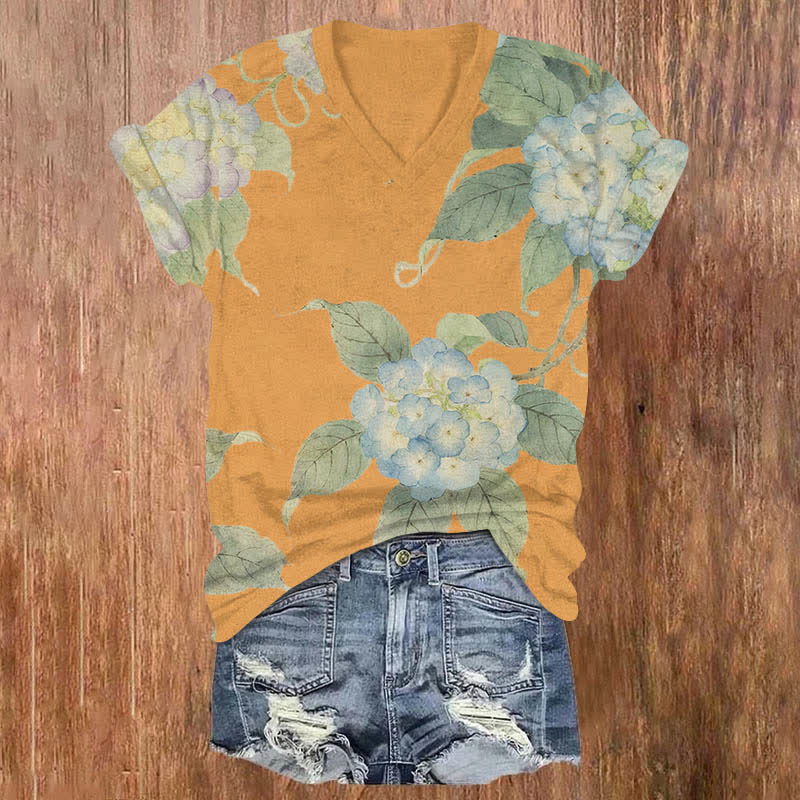Japanese Watercolor Hydrangea Art Print V-neck T-shirt - Orange - US32-34(5XL) - image 5