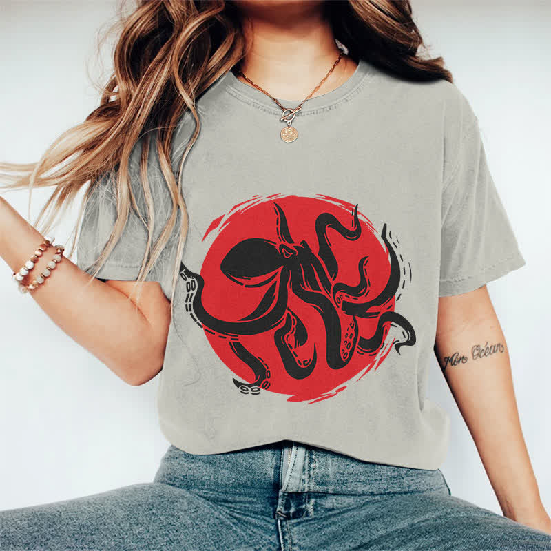 100% Cotton Japanese Abstract Octopus Art T-shirt - Warm Grey - 2XL - image 7