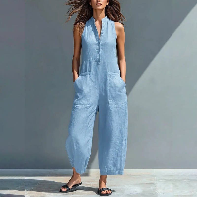 Women's Casual V-neck Sleeveless Jumpsuit With Pockets - Blue - 2XL - image 5