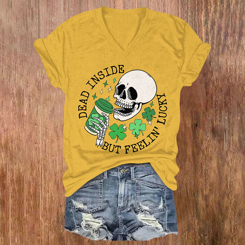 St. Patrick's Day Dead Inside But Feelin' Lucky Short Sleeved V-Neck T-Shirt - Yellow - US32-34(5XL) - image 4