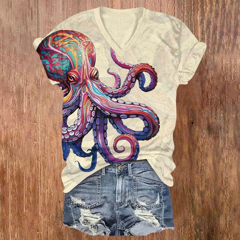 Retro Colorful Striped Octopus Art Print V-neck T-shirt - Beige - US32-34(5XL) - image 6