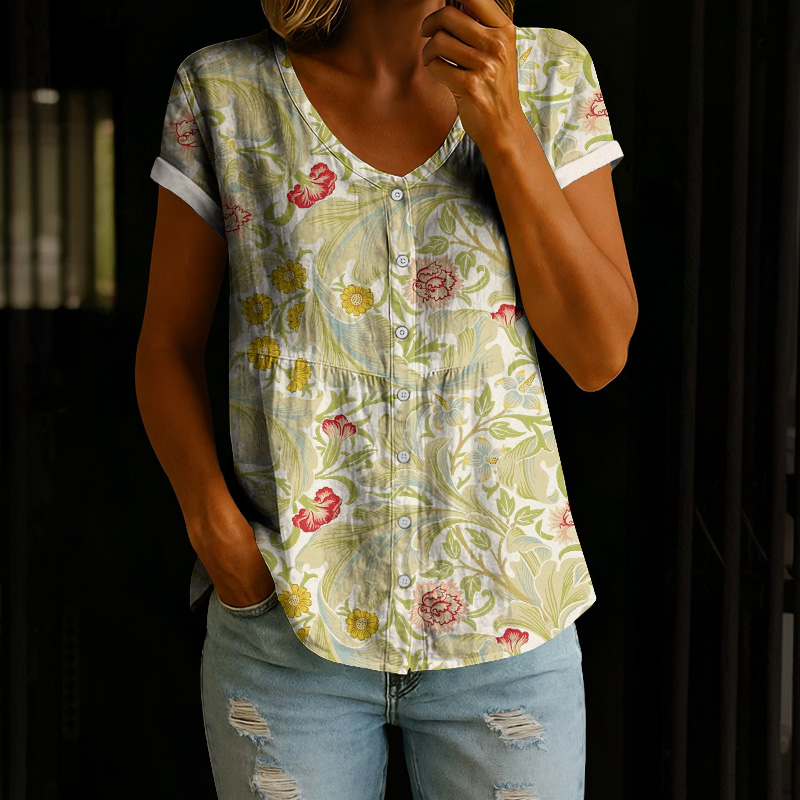 Vintage Summer Floral Art Print Button V-neck A-line Short-sleeve Blouse - Green - 4XL - image 1