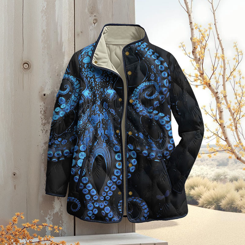 Vintage Octopus Art Print Outerwear Jackets - Blue - 4XL - image 5