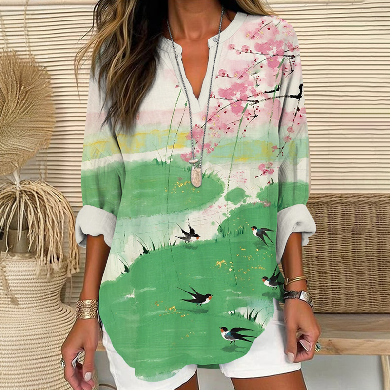 Lovely Swallow Playing On The Grass Art Print V Neck Long Sleeve Blouse - Green - 8XL - image 1