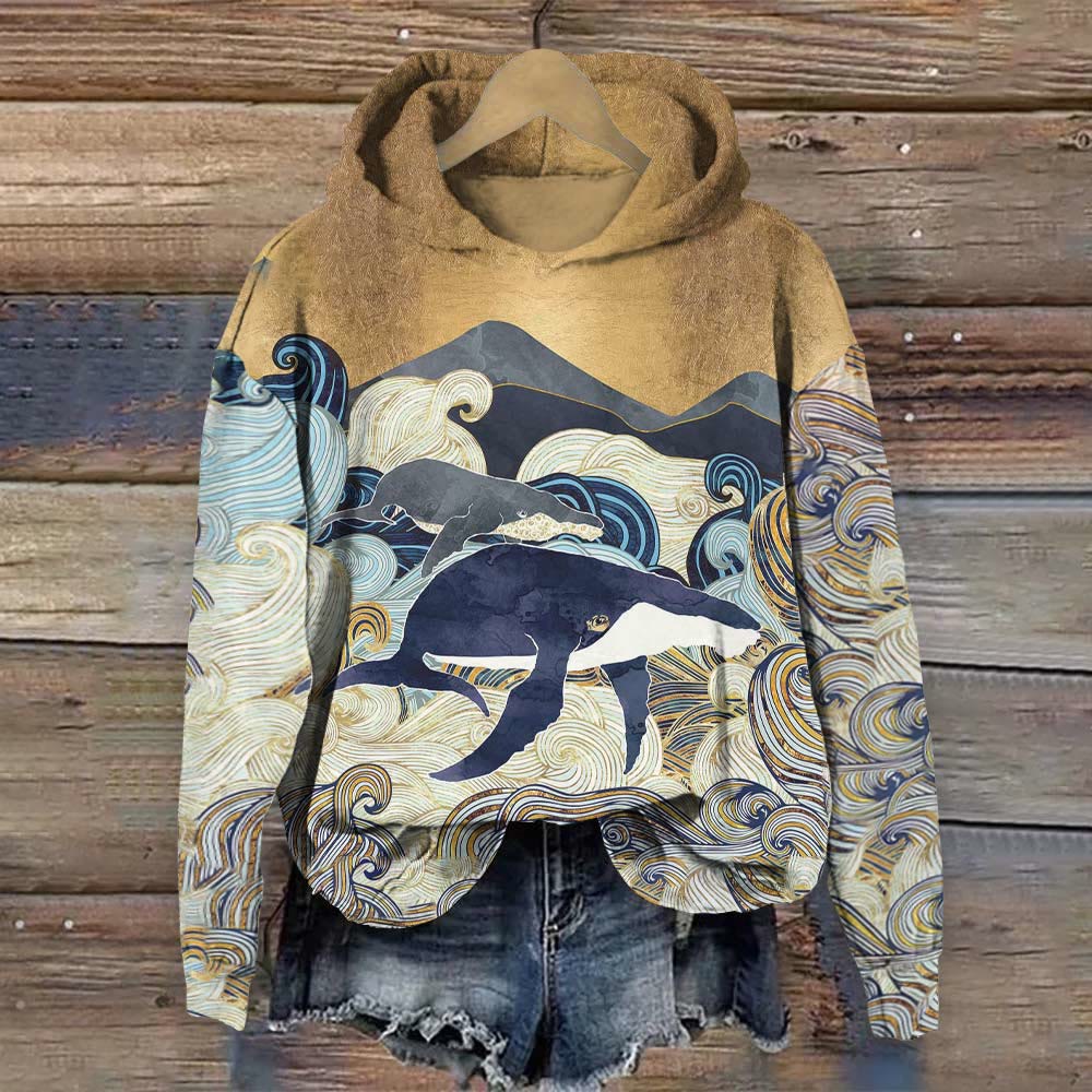 Vintage Japanese Whale Print Hoodie