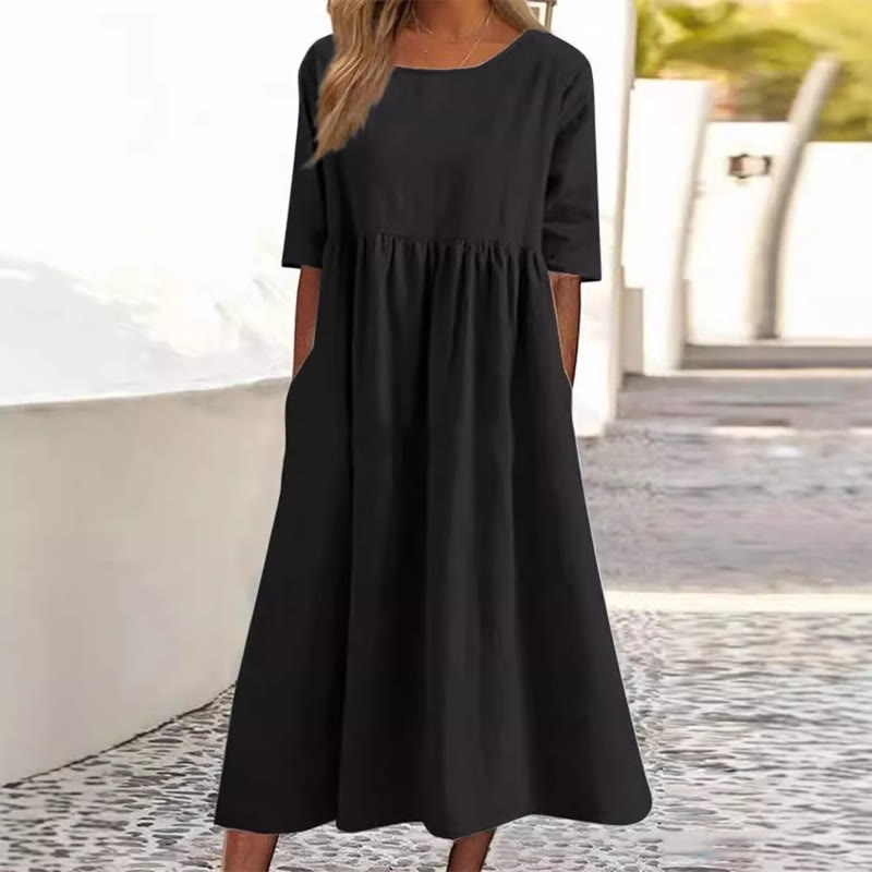 Elegant Solid Round-neck Short-sleeve Midi Dress - Black - 5XL - image 6