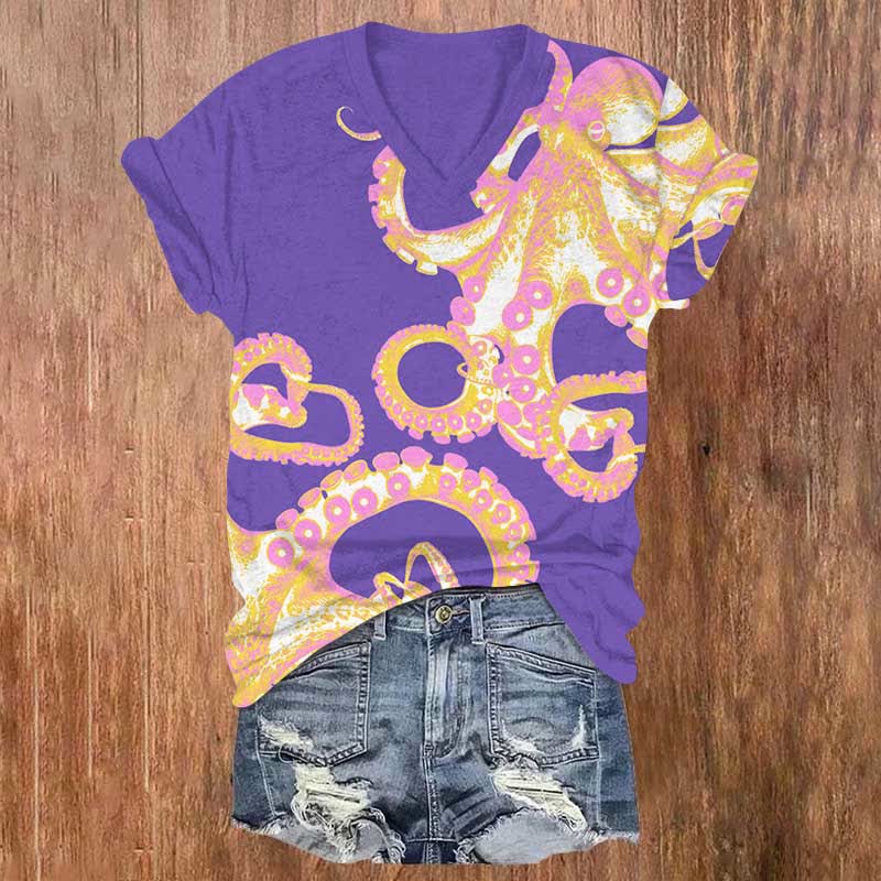 Japanese Watercolor Octopus Art Print V-neck T-shirt - Purple - US32-34(5XL) - image 4