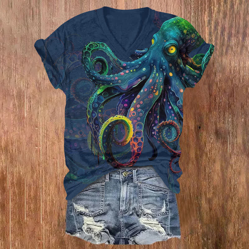 Vintage Colorful Shocking Octopus Print V-neck T-shirt - Blue - US32-34(5XL) - image 4