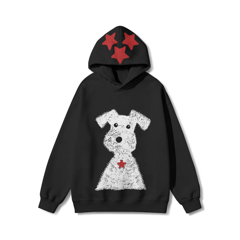 Unisex Black Puppy & Red Star Graphic Design Print Long Sleeved Hoodie - Black - US44-46(8XL) - image 3