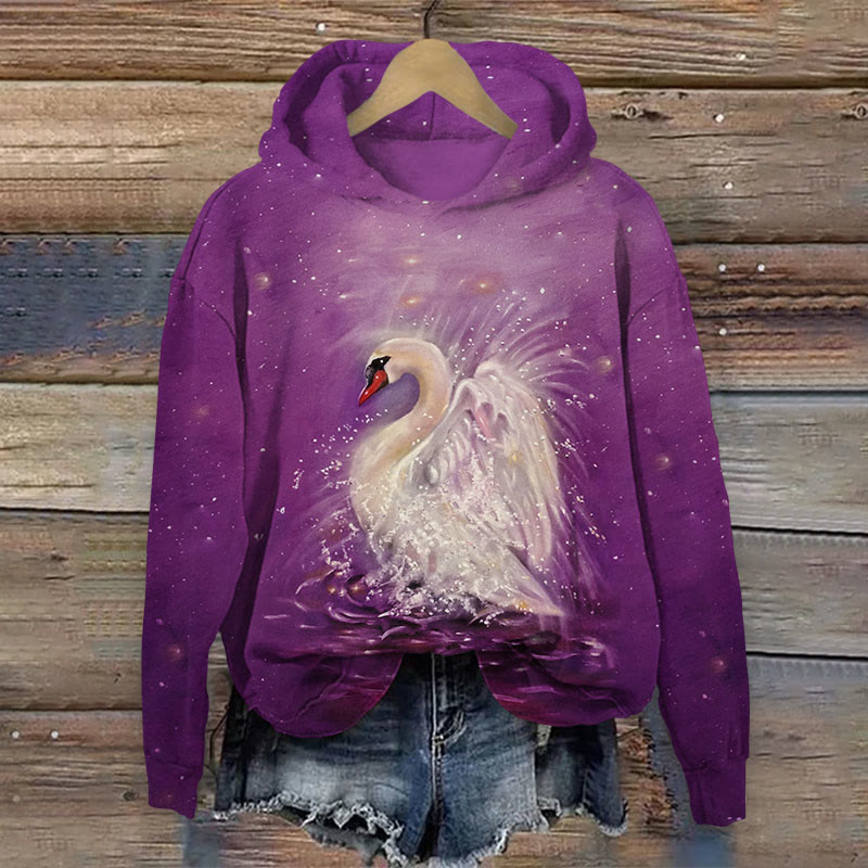 Art Swan At Night  Print Long Sleeve Hoodie - Purple - US44-46(8XL) - image 3