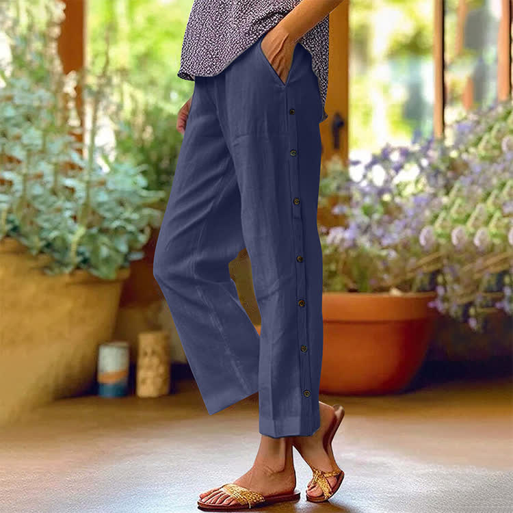 Casual Solid Pocket Pants With Side Buttons - Navy Blue - 3XL - image 8