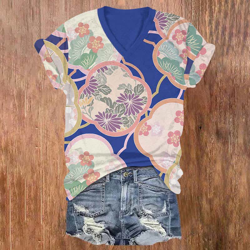 Japanese Geometric Sakura Pattern Art Print V-neck T-shirt - Blue - US32-34(5XL) - image 3