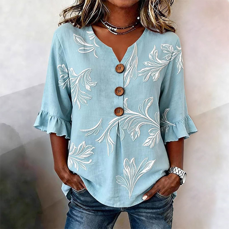 Vintage Flower Print Button V-neck Blouse With Ruffle Sleeves - Sky Blue - 3XL - image 1