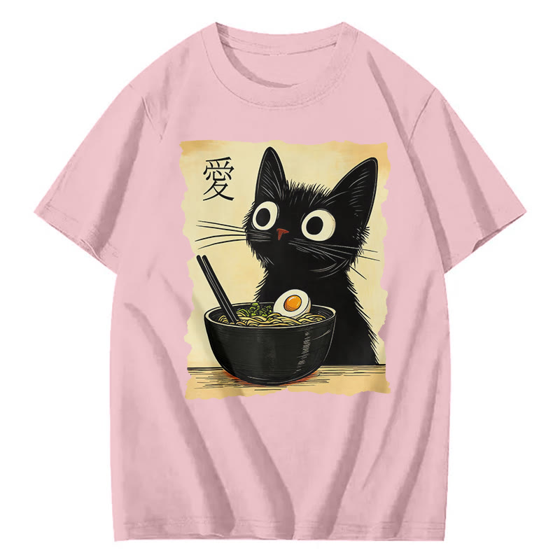 Unisex Funny Cat Eating Ramen Print Short Sleeved Crew Neck T-Shirt - Pink - 2XL - image 5
