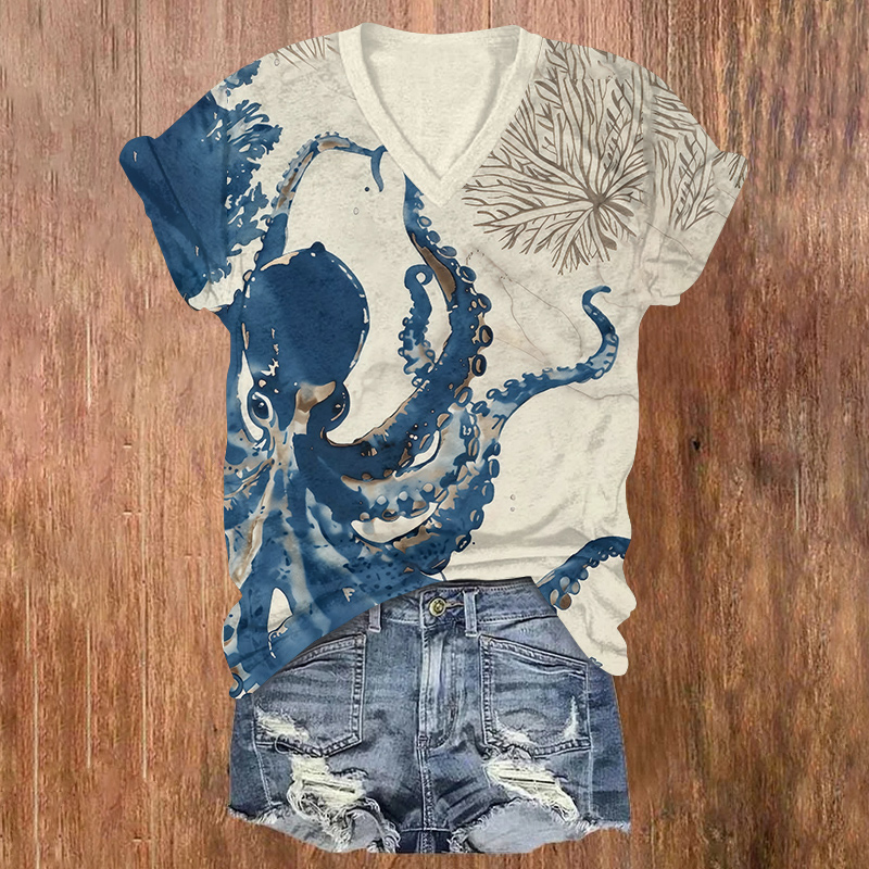 Artistic Octopus Illustration Print Short Sleeved V-neck T-shirt - Beige - US32-34(5XL) - image 1