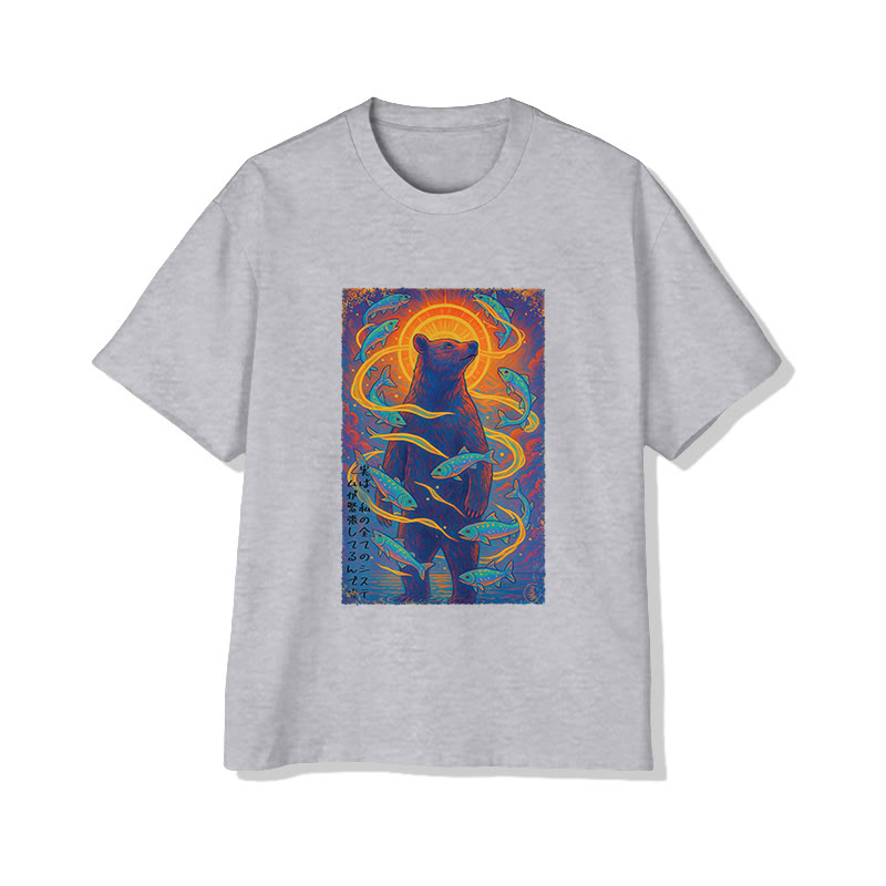 Unisex Japanese Fantasy Bear And Fish Print Short Sleeved Crew Neck T-Shirt - Grey - 2XL - image 3