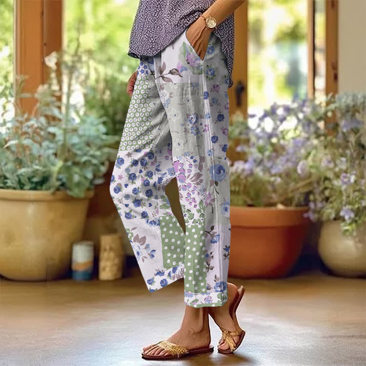 Pastoral Romantic Floral Patchwork Print Casual Pocket Pants  - Light Gray - US 20 (5XL) - image 3
