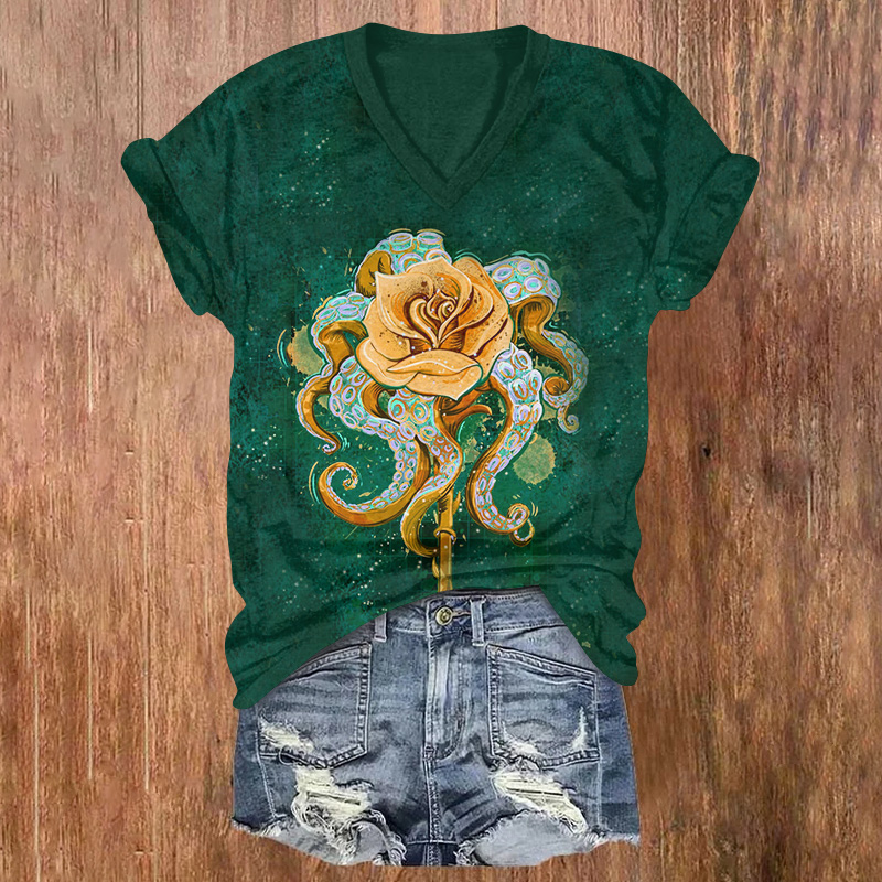 The Rose And The Octopus Printed Short Sleeved V-neck T-shirt - Green - US32-34(5XL) - image 1