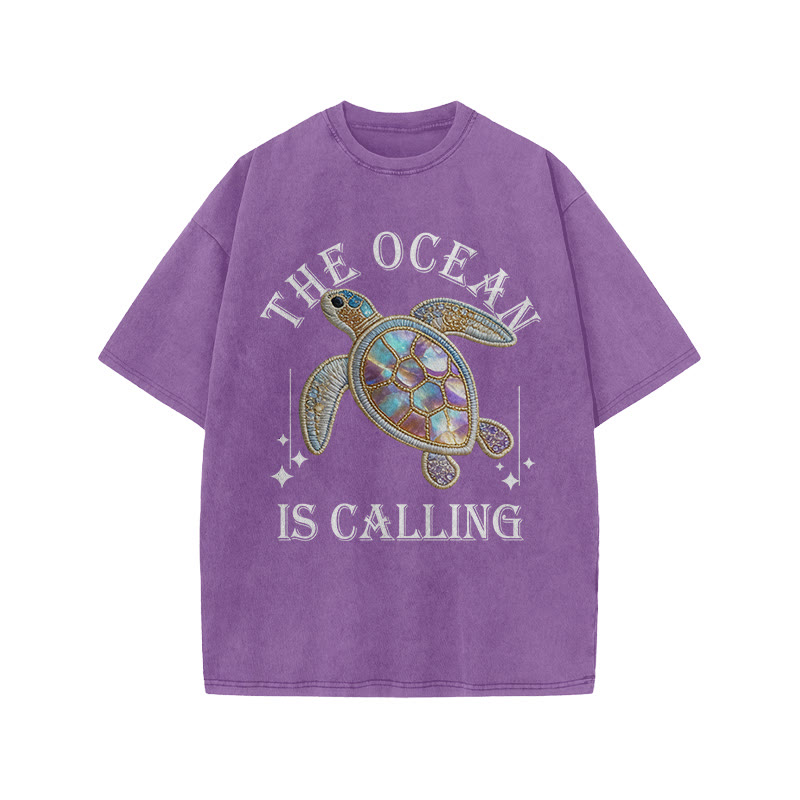 The Ocean Is Calling Sea Turtle Print Acid Washed T-shirt - Purple - US20-22(3XL) - image 9