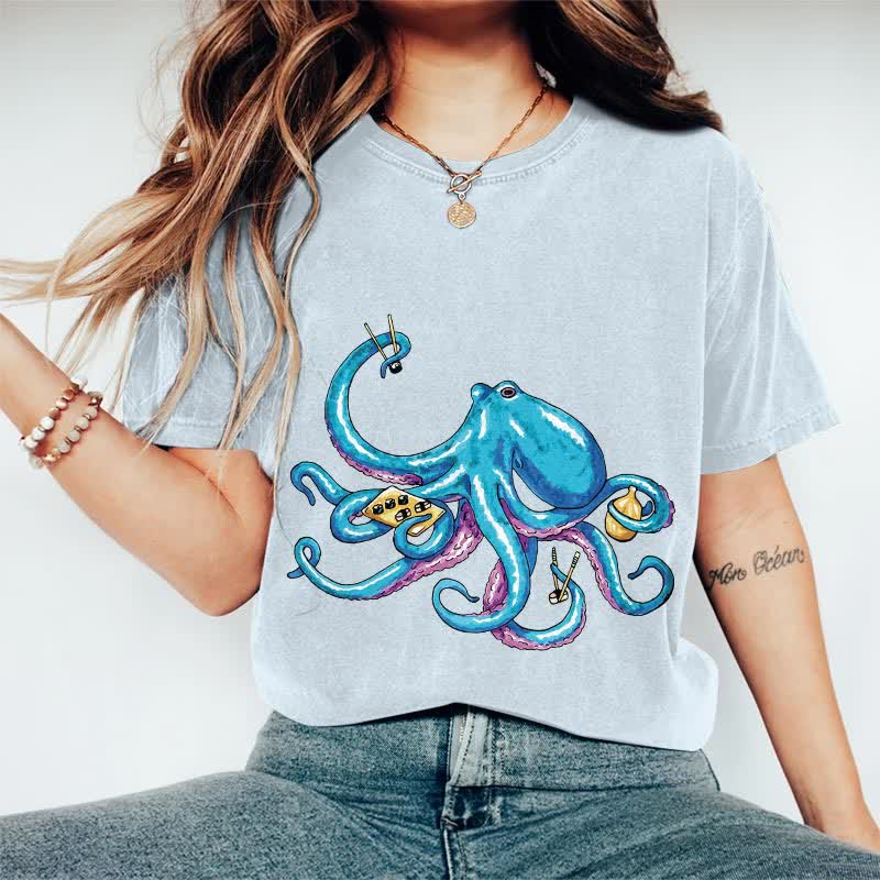 100% Cotton Japanese Creative Octopus Holding Sushi Art T-shirt - Light Blue - 2XL - image 3