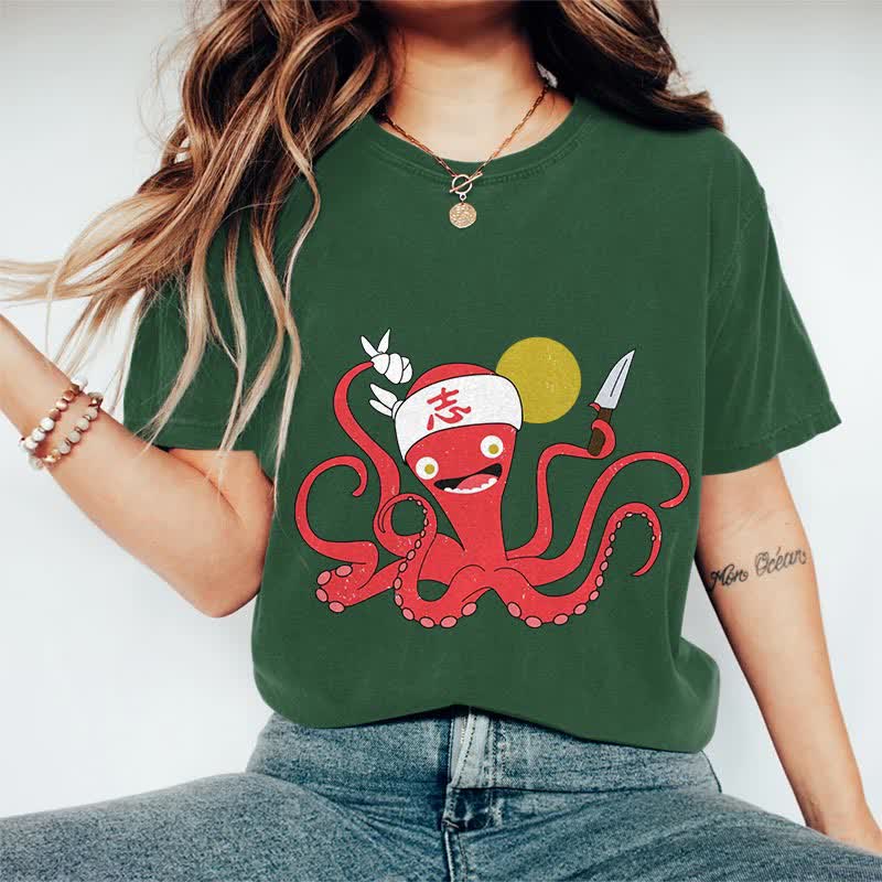 100% Cotton Japanese Funny Octopus Chef Art T-shirt - Dark Green - 2XL - image 10