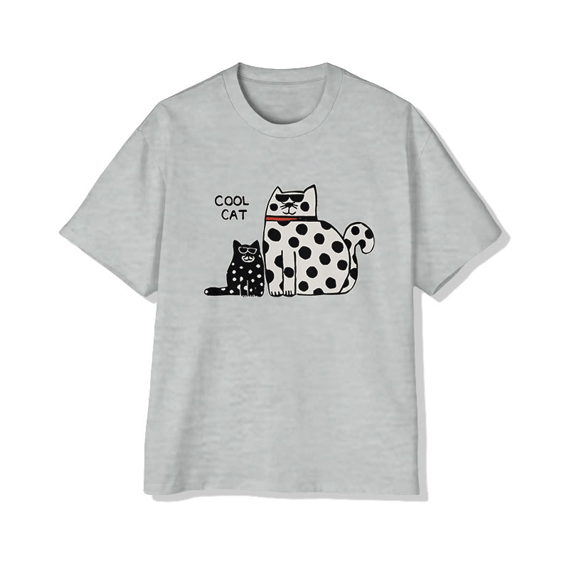 Vintage Cozy Polka Dot Kitten Print Pattern Cotton Print T-shirt - Grey - US16-18(2XL) - image 3