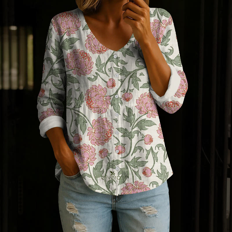 Vintage Peony Bud Vines Art Pattern Print Button V-neck A-line Long Sleeve Blouse - Light Green - 4XL - image 3