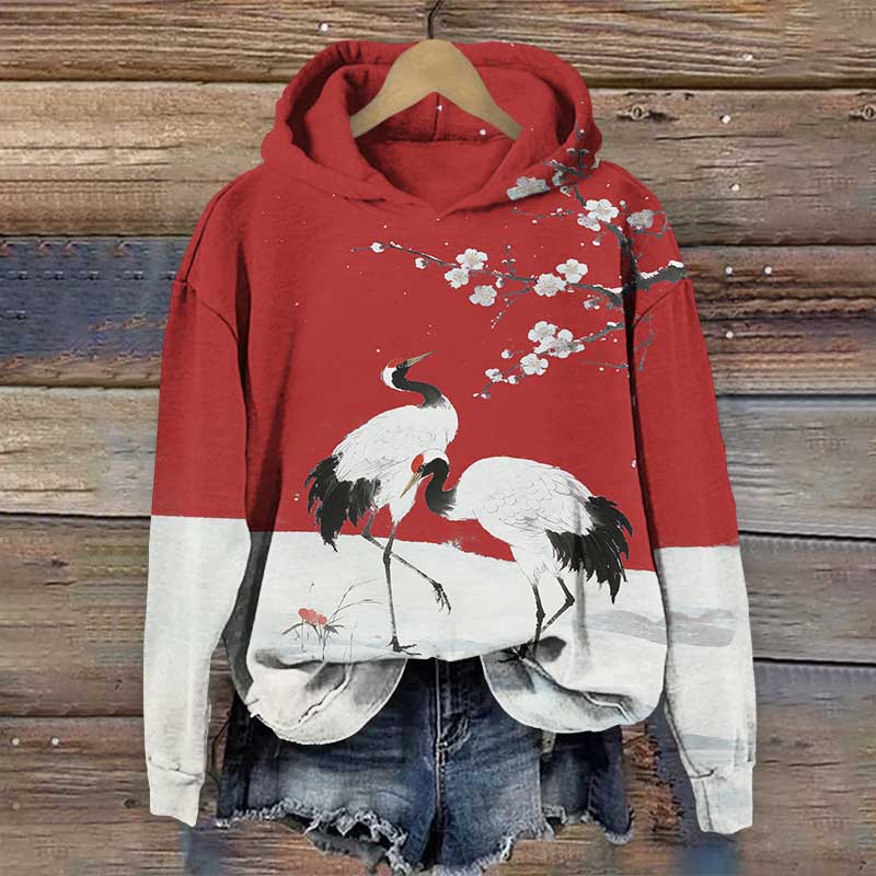 Japanese Winter Crane Under Plum Blossom Tree Print Long Sleeve Hoodie - Red - US44-46(8XL) - image 4