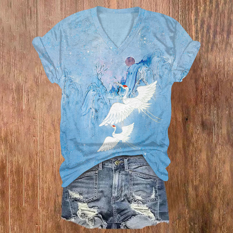  Japanese Cranes Flying Across Mountain Print V-neck T-shirt - Light Blue - US32-34(5XL) - image 4