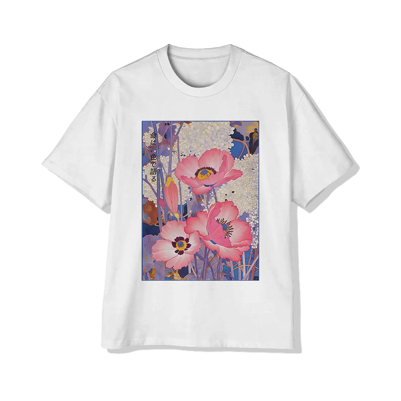 Vintage Pink Flower Painting Print Short Sleeved Crew Neck T-shirt - White - 2XL - image 1