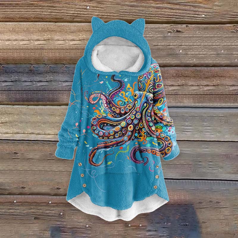 Women's Vintage Rainbow Octopus Art Print Pocket Cute Cat Ear Fuzzy Fleece Hoodie - Lake Blue - 6XL - image 5