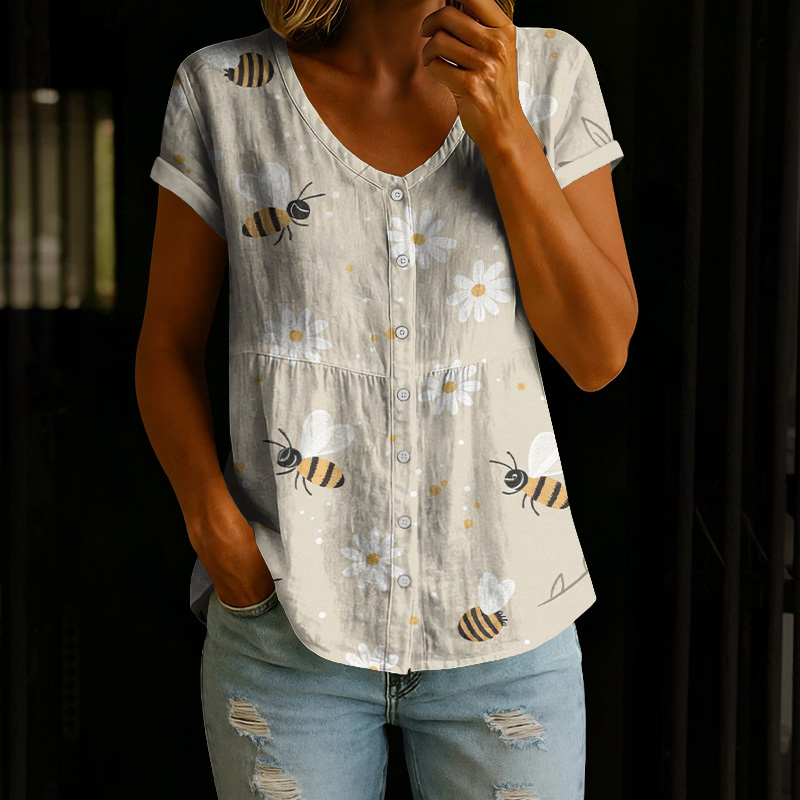 Cute Flying Bee & Daisy Art Print Button V-neck A-line Short-sleeve Blouse - Apricot - 4XL - image 1