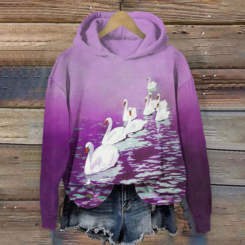 A Group Of Swans Parading In The River Print Long Sleeve Hoodie - Purple - US44-46(8XL) - image 3
